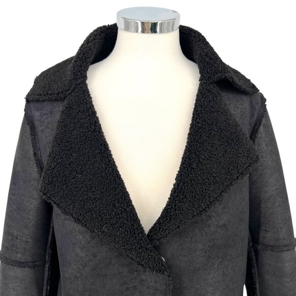 Velvet Faux Suede Sherpa Jacket Notch Collar Black Size Large - Picture 2 of 12